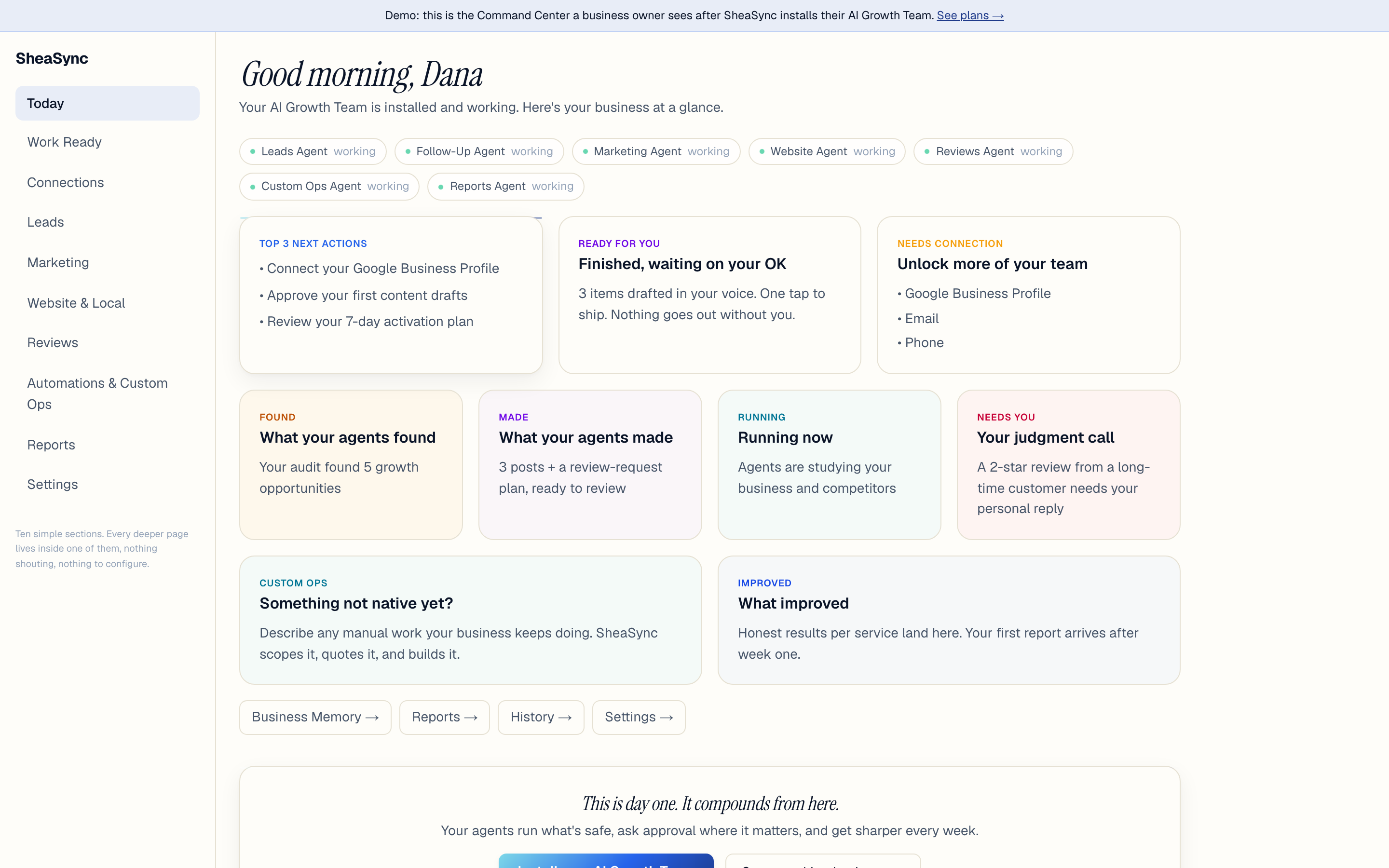 The SheaSync command center, the screen a business owner runs their day from